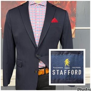Stafford Blazer Jacket Sport Coat Mens 44R‎ Polyester Blend Stretch Dark Navy